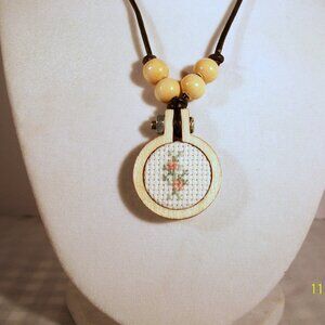 Pink Petite Flower Bouquet Mini Embroidery Hoop Boho Pendant Necklace 16"